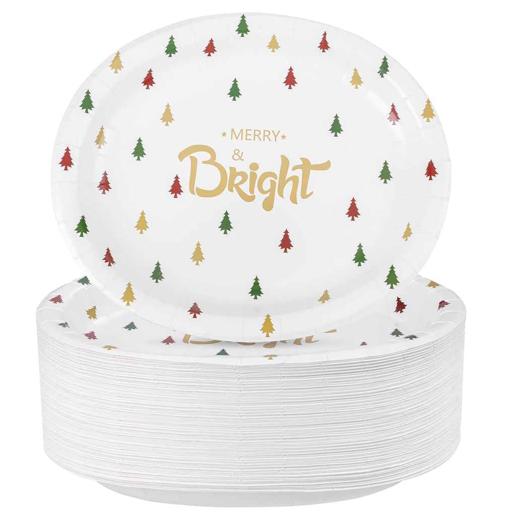 WDF 100 Pack Christmas Paper Plates - 10" x 12"Disposable Christmas Plates Disposable with Christmas Trees-Large Oval Paper Plates Heavy Duty- Party Plates for Christmas
