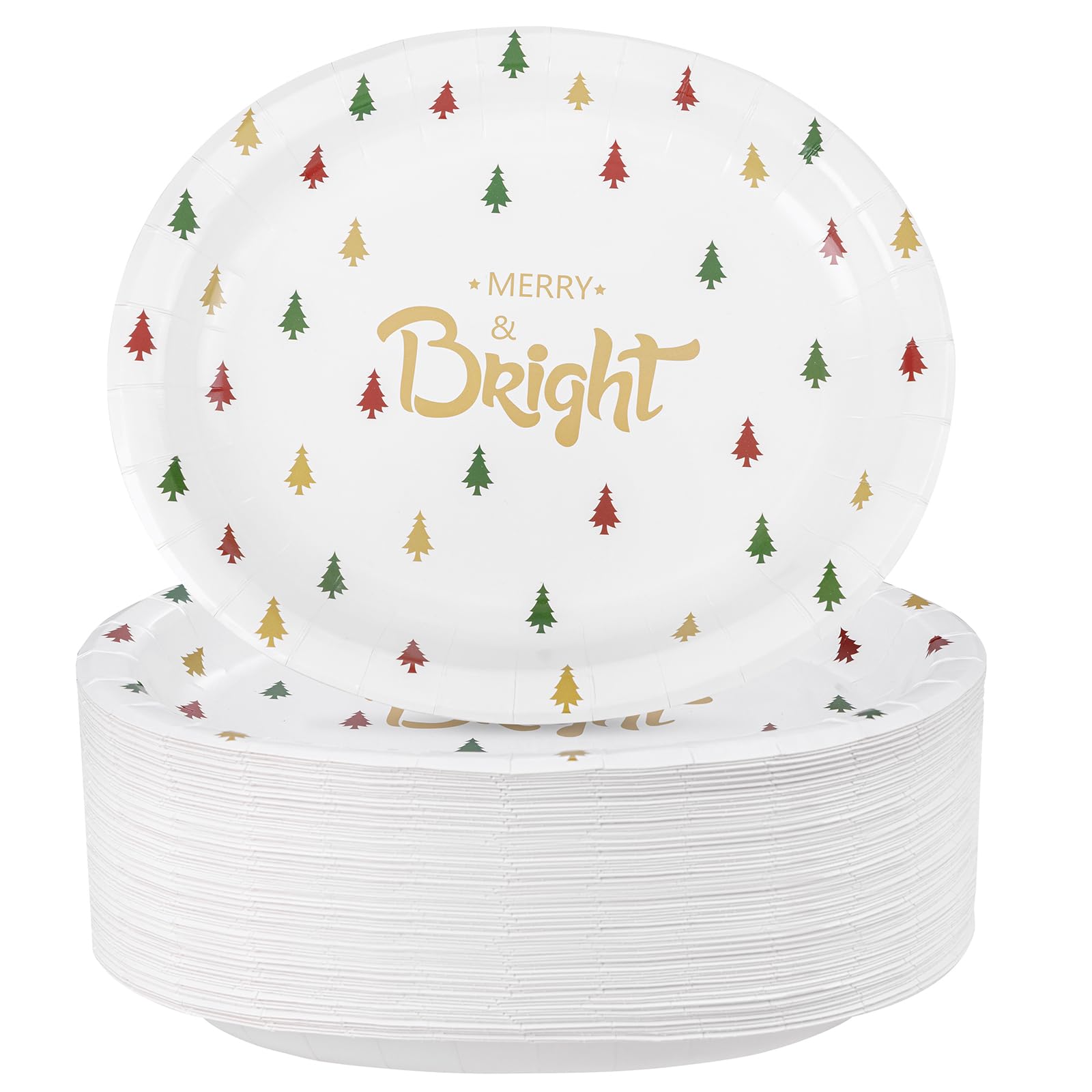 WDF 100 Pack Christmas Paper Plates - 10" x 12"Disposable Christmas Plates Disposable with Christmas Trees-Large Oval Paper Plates Heavy Duty- Party Plates for Christmas