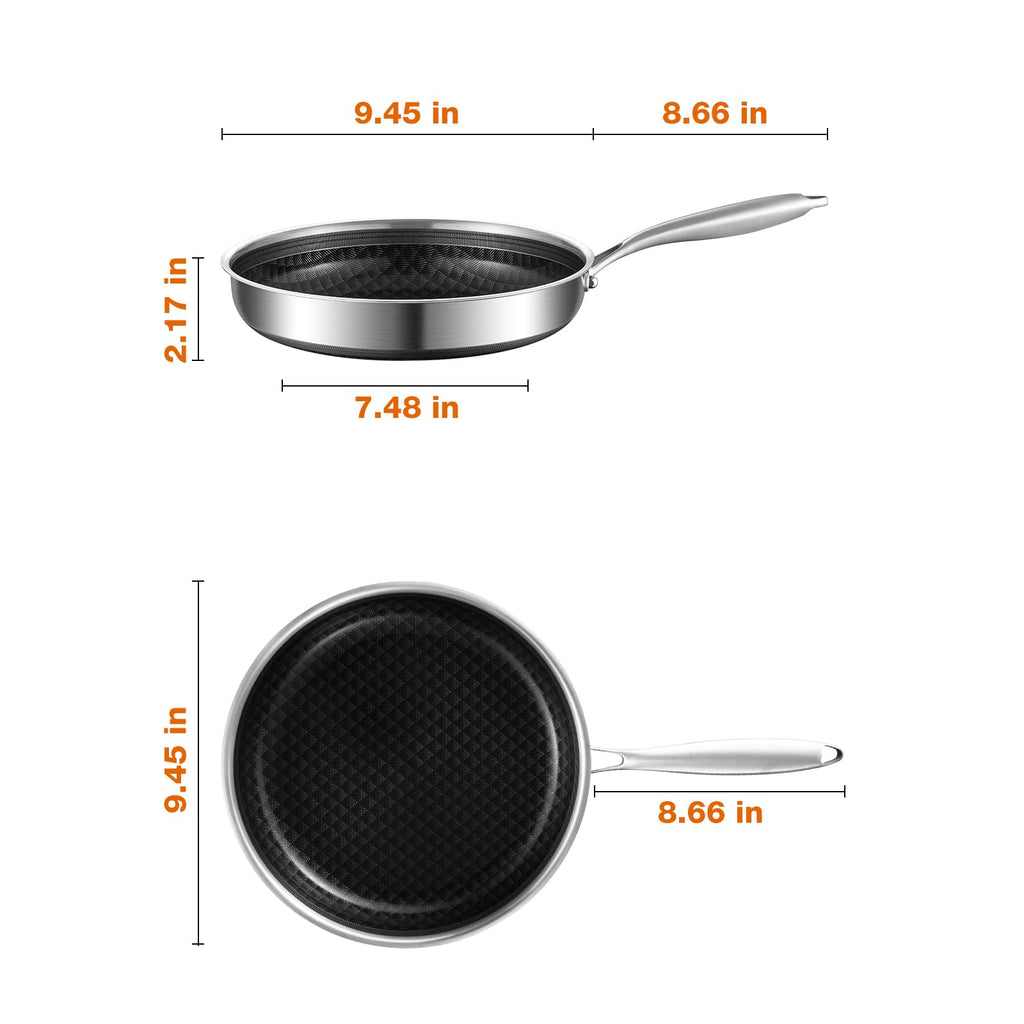 MOUTIUS 8-10 Inch Non Stick Frying Pans, Ceramic Coating NonStick Stainless Steel Pan Set, Tri-Ply Skillets and Pan Set with Lid, Cool-Touch Handle, Dishwasher and Oven Safe