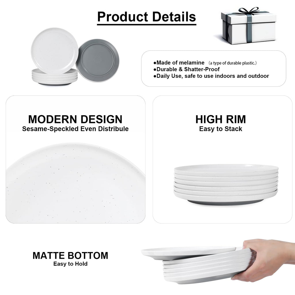 Webbylee Melamine Dessert Plates Set of 6-7.5" Serving Durable Dishes Perfect for Kitchen Outdoor Use,Durable Small Plates for Salad-White & Grey