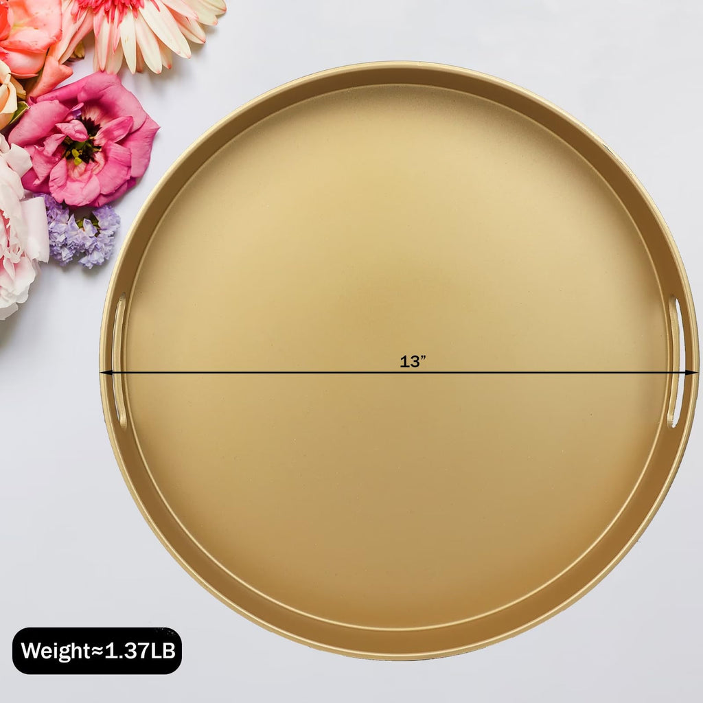 SforGUVA Round Gold Decorative Serving Tray with Handles, 13” Versatile Ottoman Tray for Coffee Table, Entertaining, Outdoor Patio, Living Room