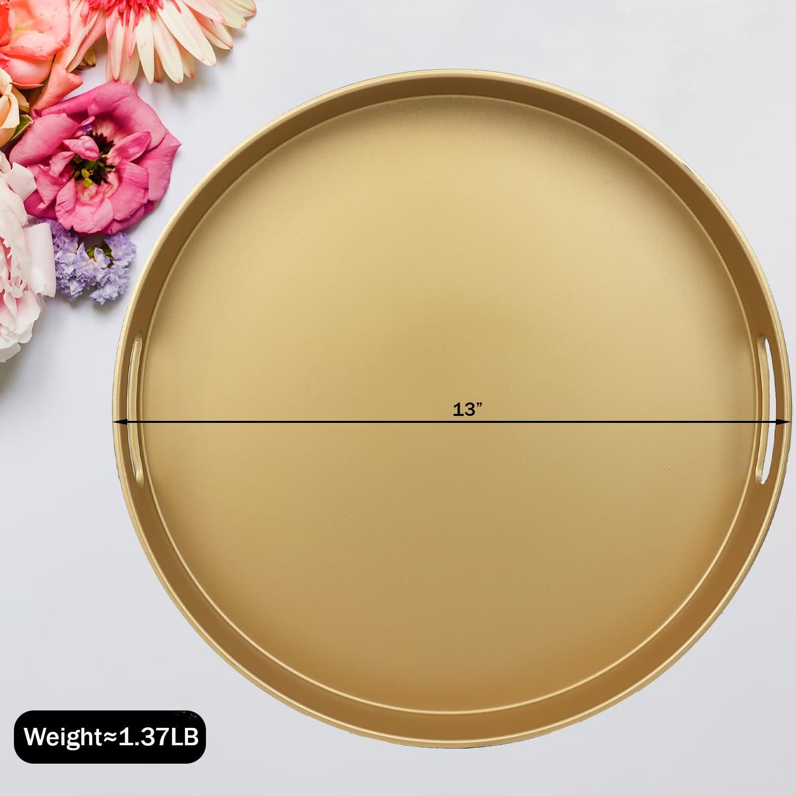 SforGUVA Round Gold Decorative Serving Tray with Handles, 13” Versatile Ottoman Tray for Coffee Table, Entertaining, Outdoor Patio, Living Room