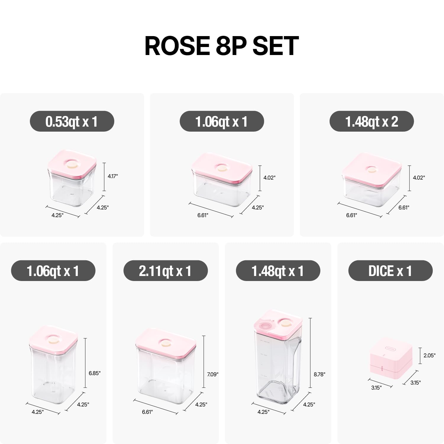VAKUEN Premium Airtight Food Storage Containers ROSE 8P/SET, 6pcs Container, 1pcs Water Pitcher and Vacuum Sealer. Patented Double Silicone Lining, 100% Leak Proof, BPA-FREE