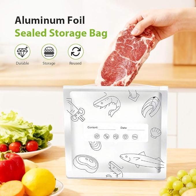 Reusable Aluminum Foil Sealable Storage Bags, 2026 New Resealable Vacuum Zipper Pouches, Stand Up Foil Sealable Bags with Label and Zip Lock for Kitchen (10, Small)