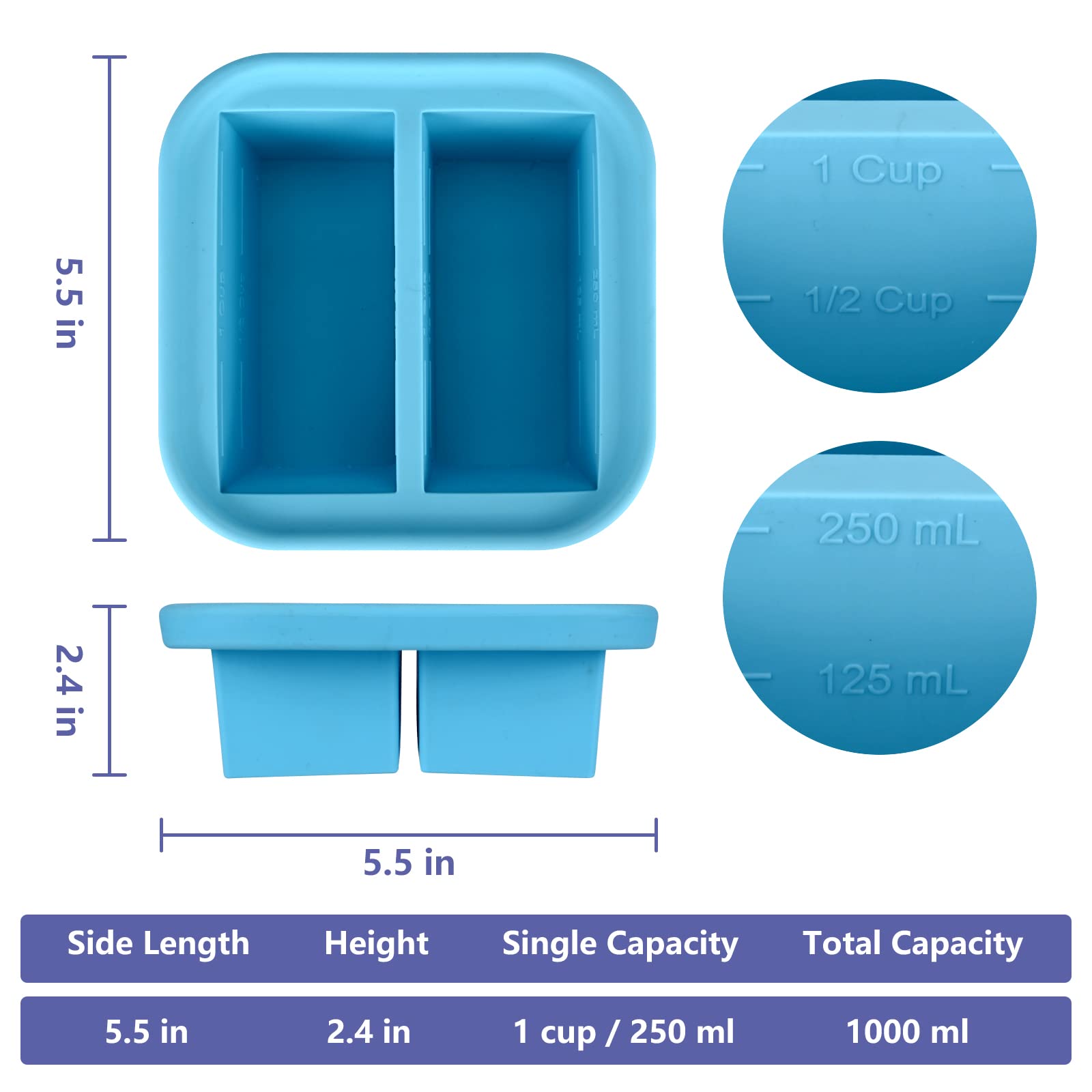 Kinggrand Kitchen 1 Cup Silicone Freezer Molds Silicone Freezer Tray with Lid 4 Pack Soup Freezer Containers Make 8 Soups, Broths, Stews, Sauces, Curries