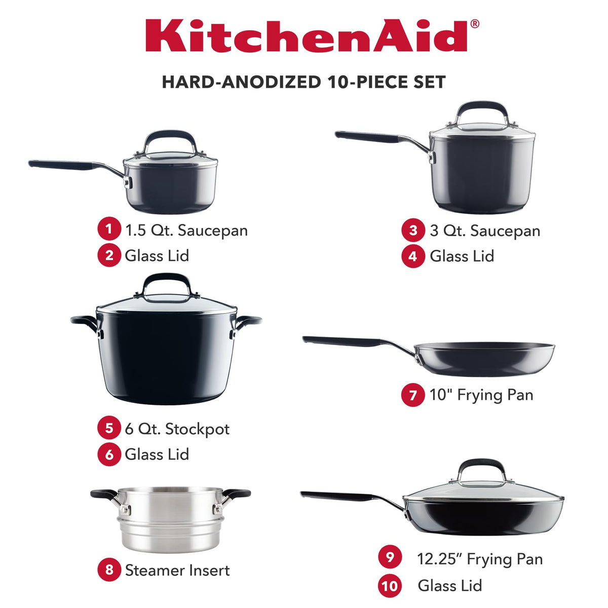 KitchenAid Hard Anodized Nonstick Cookware/Pots and Pans Set, 10 Piece - Matte Black
