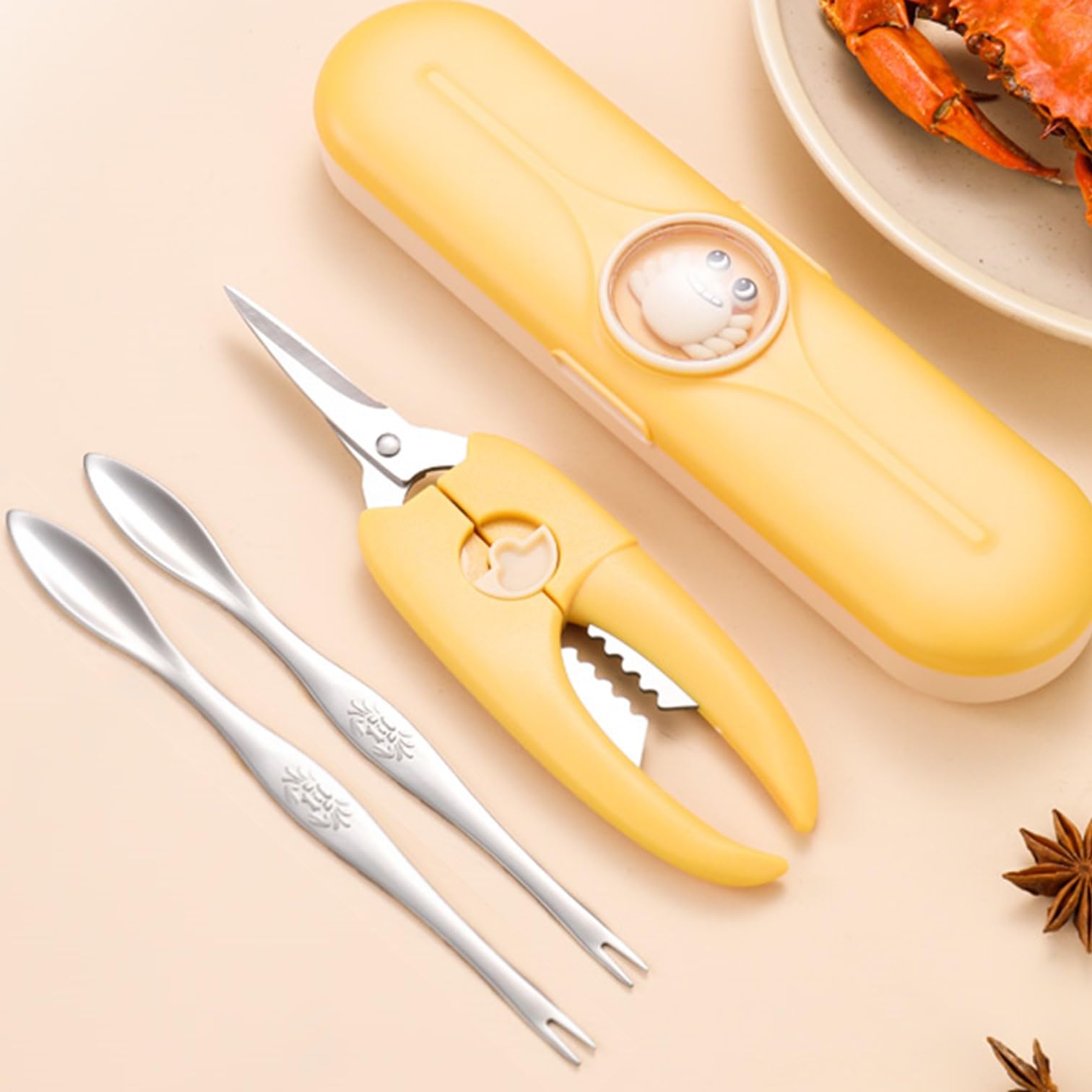 ACCUFINE Crab Crackers and Tools Yellow in Case Set for Party Crab Scissors for Cutting the Shell Lobster Crackers and Picks Sets with Carrying Case Seafood Scissor Shrimp (yellow)