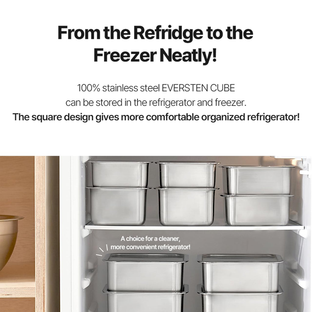 EVERSTEN CuBE Low 3PCS Set Stainless Steel Food Storage Containers With Lids and 3 Net Kitchen Appliances Dishwasher Safe Premium South Korea