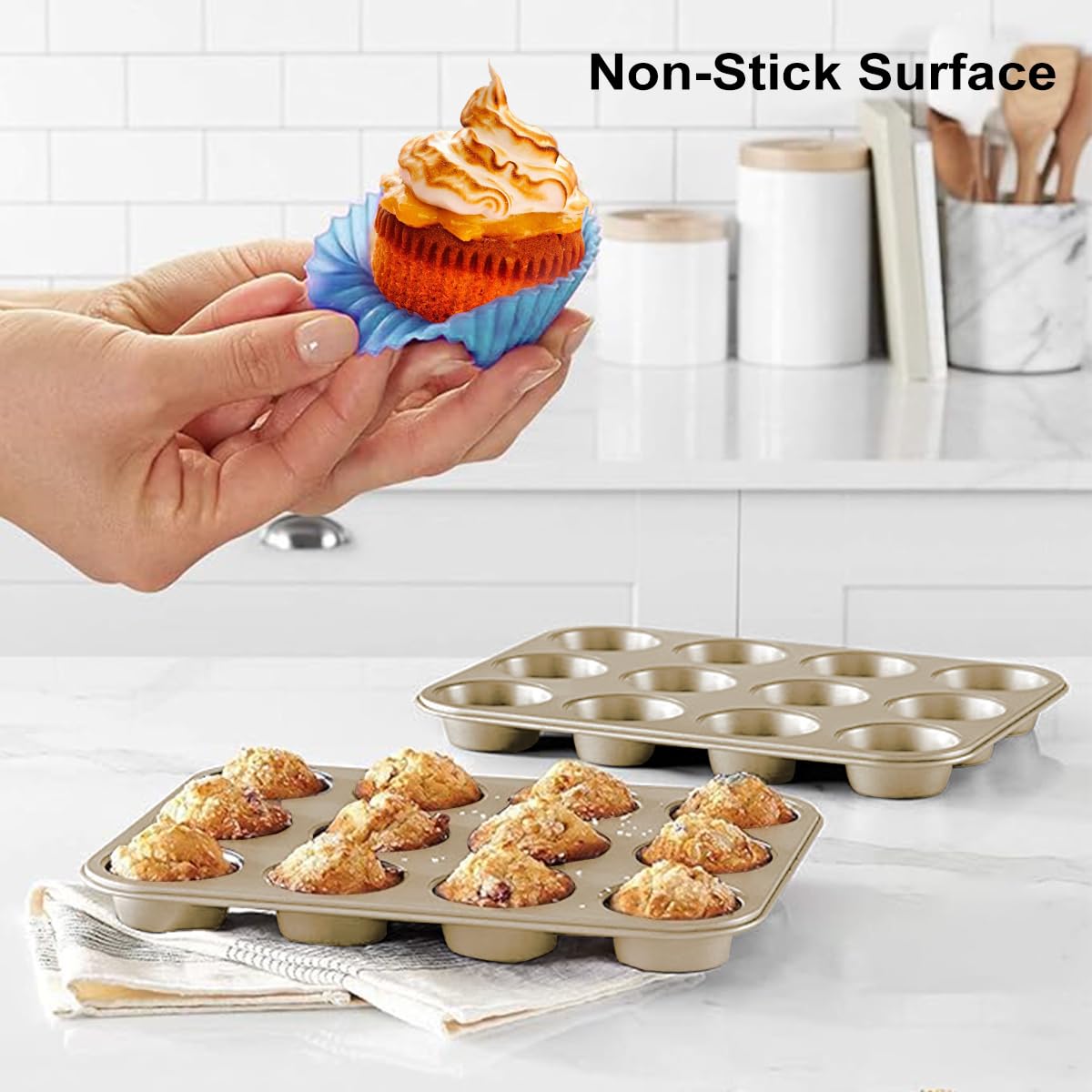 YUNYDSM 2 Pack Muffin Pan for Baking, Standard Nonstick Cupcake Baking Pan Set, 12 Cup Golden Muffin Pan, Cupcake Pans for Baking, Carbon Steel Baking Supplies