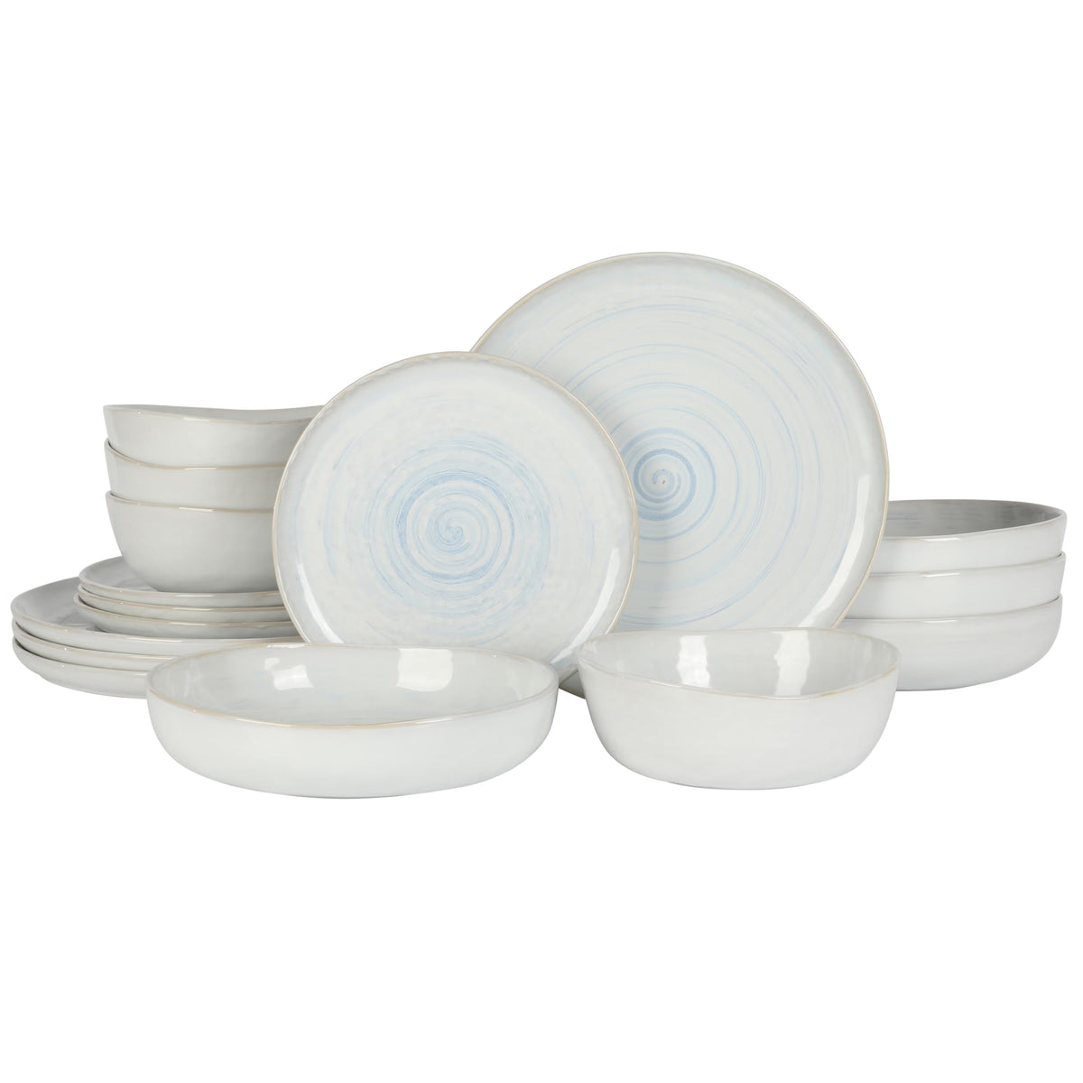 Gibson Elite Island Cove 16 Piece (Service for 4) Plates and Bowls Reactive Glaze Organic Round Dishes Stoneware Ceramic Dinnerware Set -Light Grey