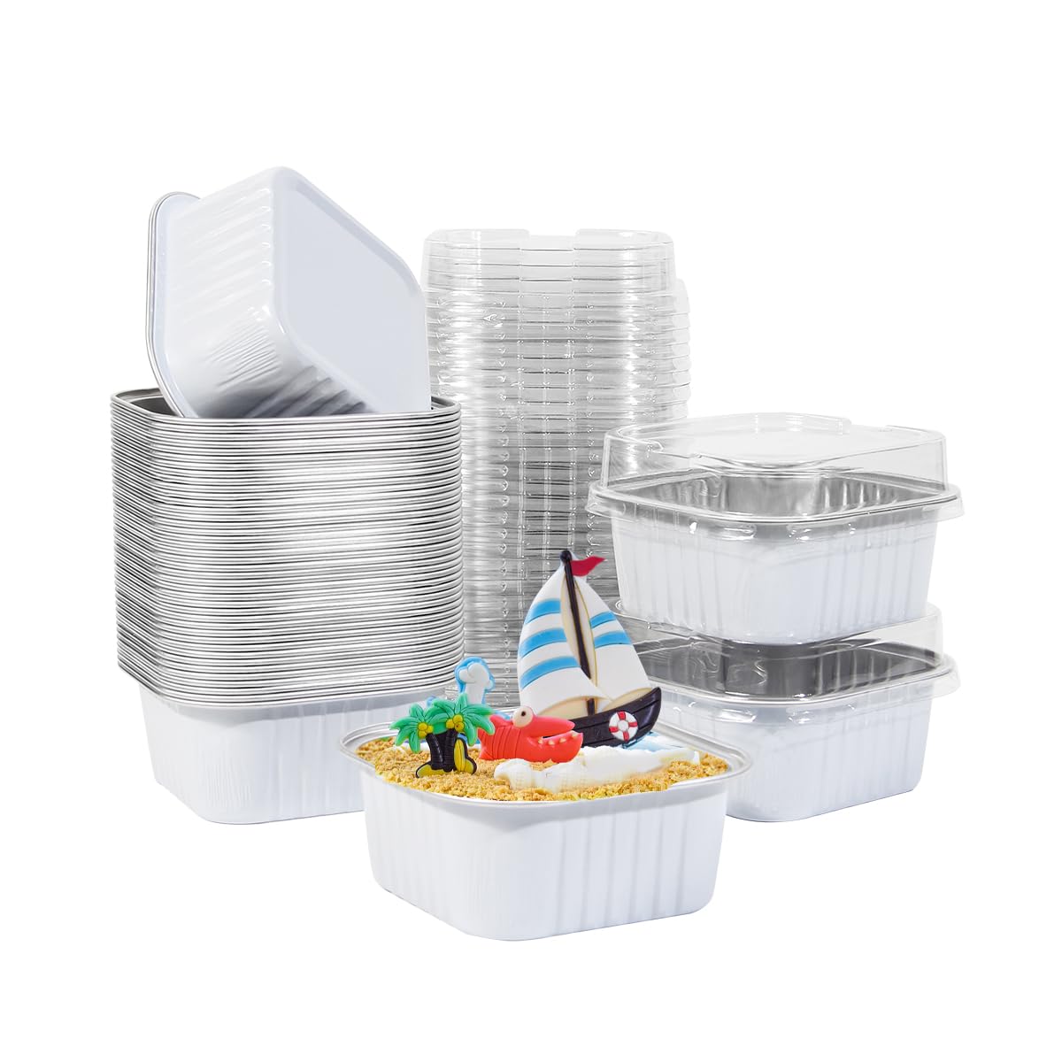50 Pcs Mini Square Baking Cups with Lids,10oz Aluminum Foil Mini Cake Pans with Lids,Disposable Ramekins Cake Pans,300ml Dessert Cups Cupcake Pans for Wedding Birthday Party,White