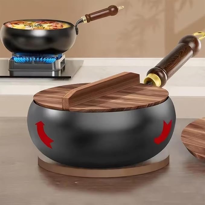 Jinswhdre Cast Iron Skillet, 9.5/11in Jinswhdre Japanese Irons Pan, Hand Forged Uncoated Iron Pan with Lid Spatula, Non-stick Wok for Cooker Gas Stir Fry Pans Durable and Rust-Free (Glass Lid,9.45in)