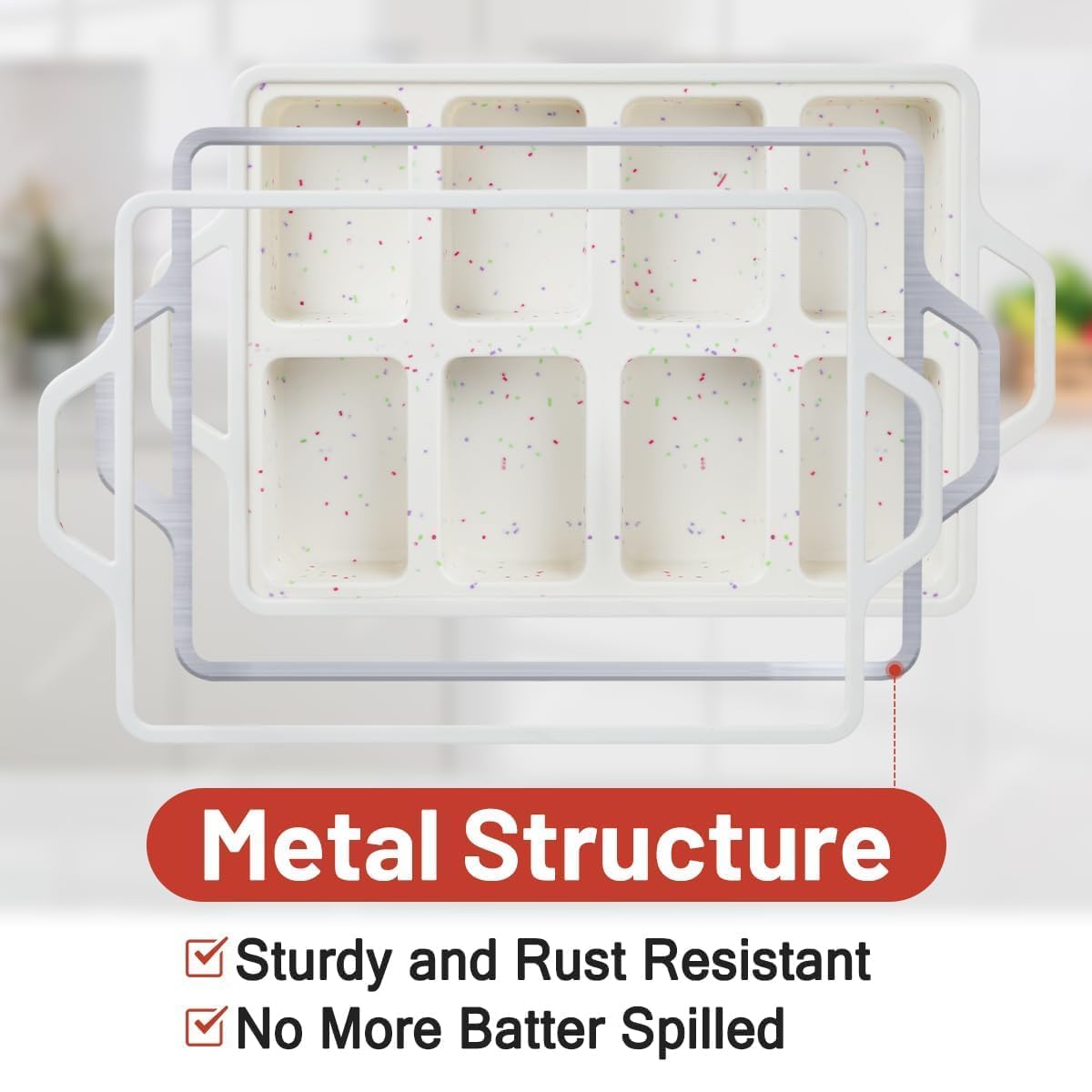 Mini Loaf Pans, Metal Reinforced Frame Silicone Bread Loaf Pans 8 Cavities Nonstick for Baking Cornbread, Mini Bread, Brownie, Cheesecake, Chocolate 2 Pack Confetti