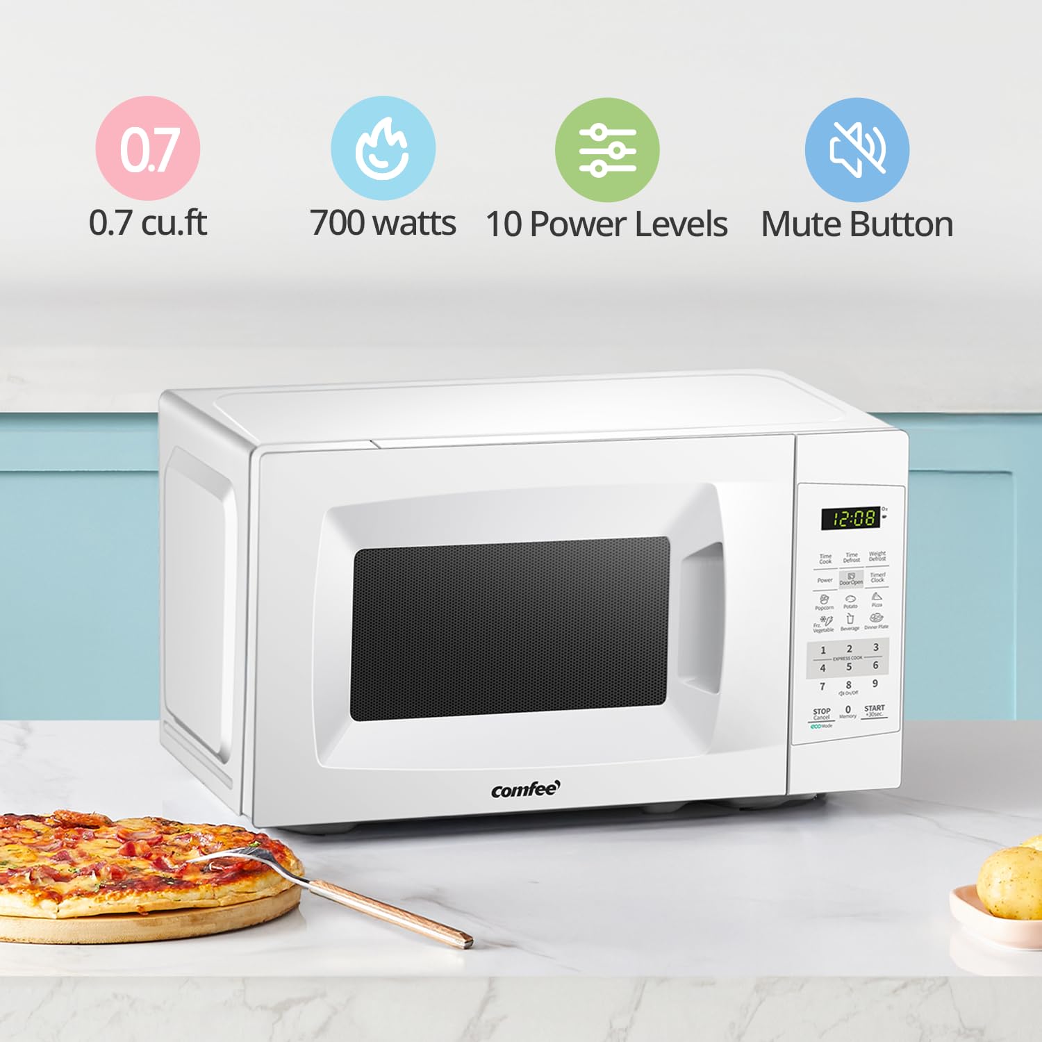COMFEE' Countertop Microwave Oven, 0.7 Cu.Ft, 700W,Pearl White, ECO Mode