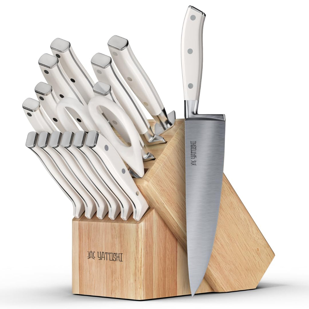 Yatoshi 15 Piece White Knife Block Set - Pro Kitchen Knife Set Ultra Sharp High Carbon Stainless Steel with Ergonomic Handle