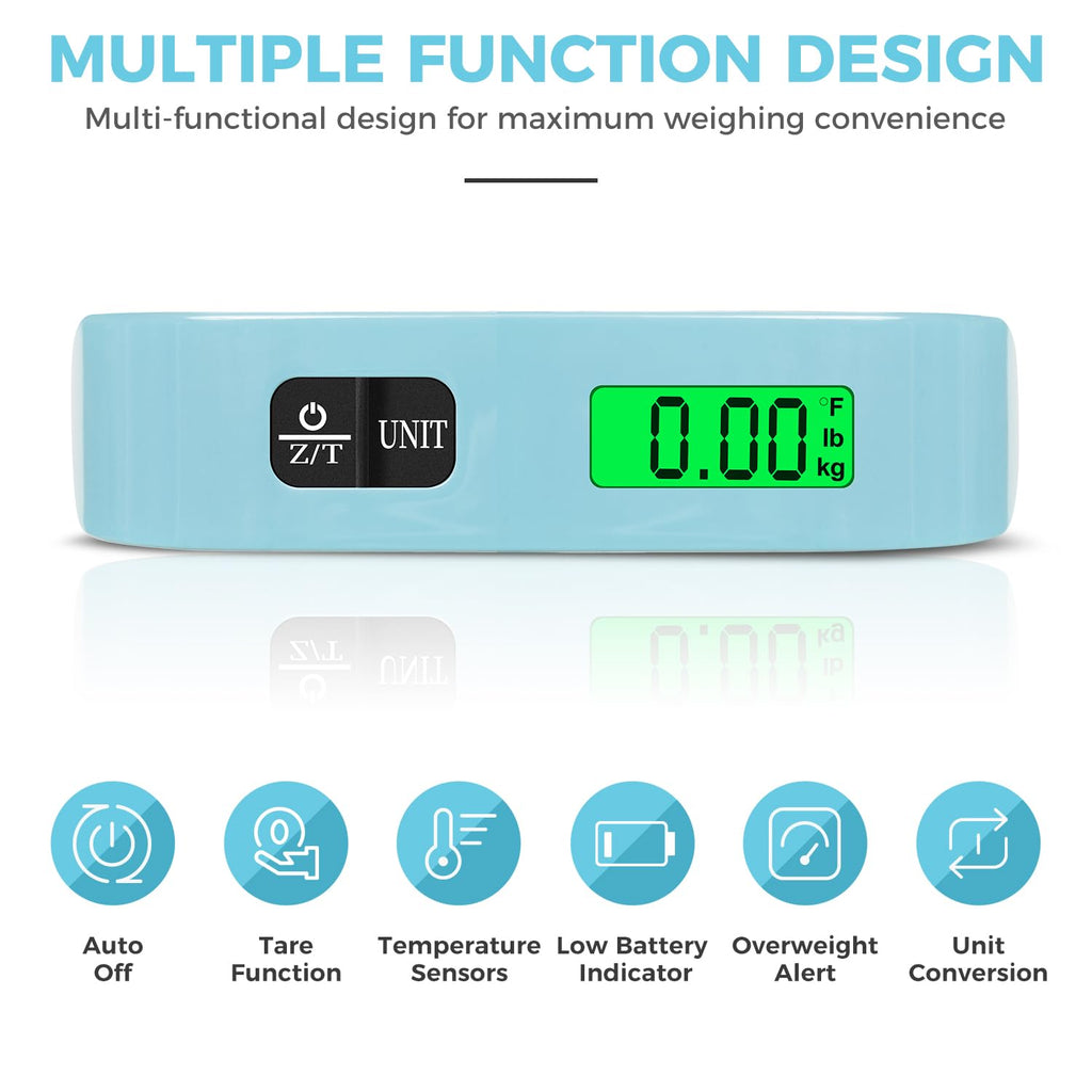 BAGAIL Digital Luggage Scale, 110lbs Hanging Baggage Scale with Backlit LCD Display,Portable Suitcase Weighing Scale,Travel Luggage Weight Scale with Hook,Strong Straps for Travelers(Mint)