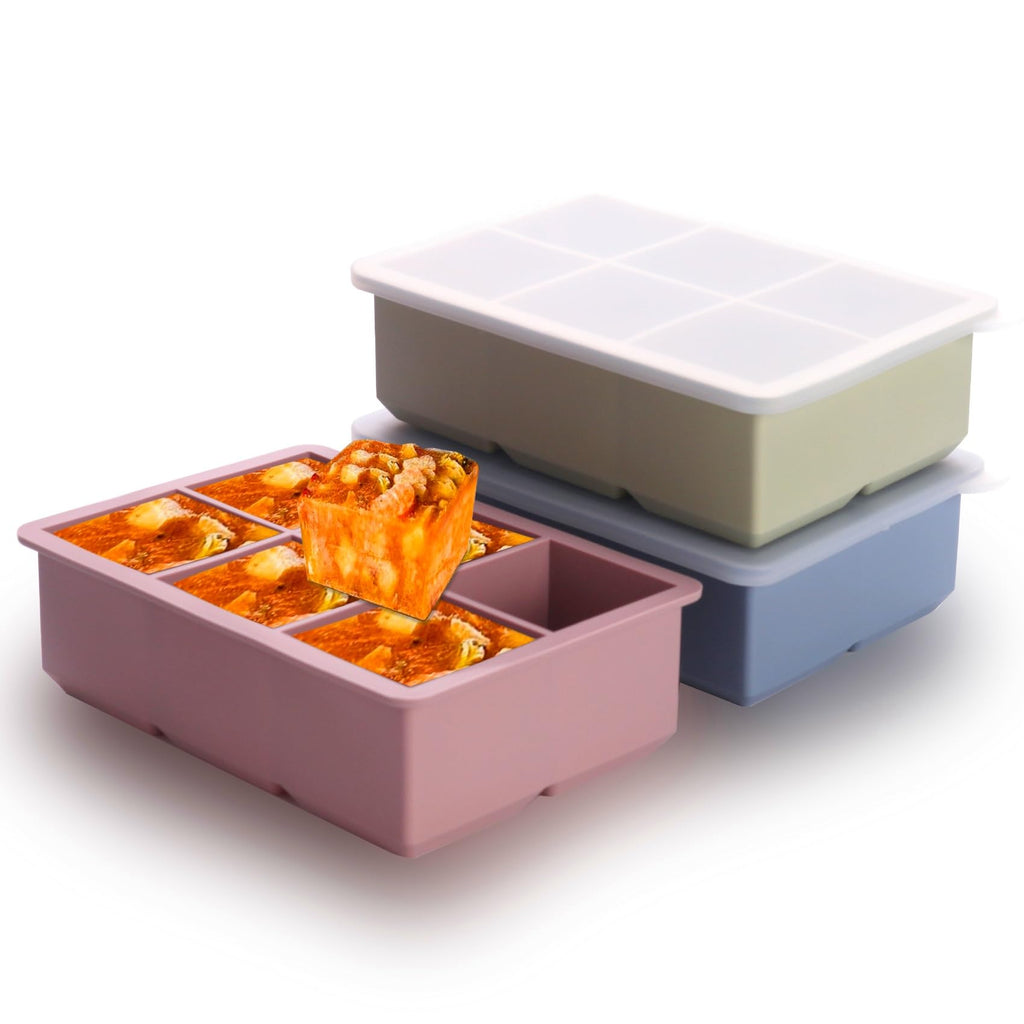 BECOKIT 1/2 Cup Silicone Freezer Tray With Lid,Silicone Freezer Molds 3-Pack For meal prep & freezing of various sauces and other dishes, makes 18 perfect 1/2 cup portions cubes (Multicolor 3 Pack)