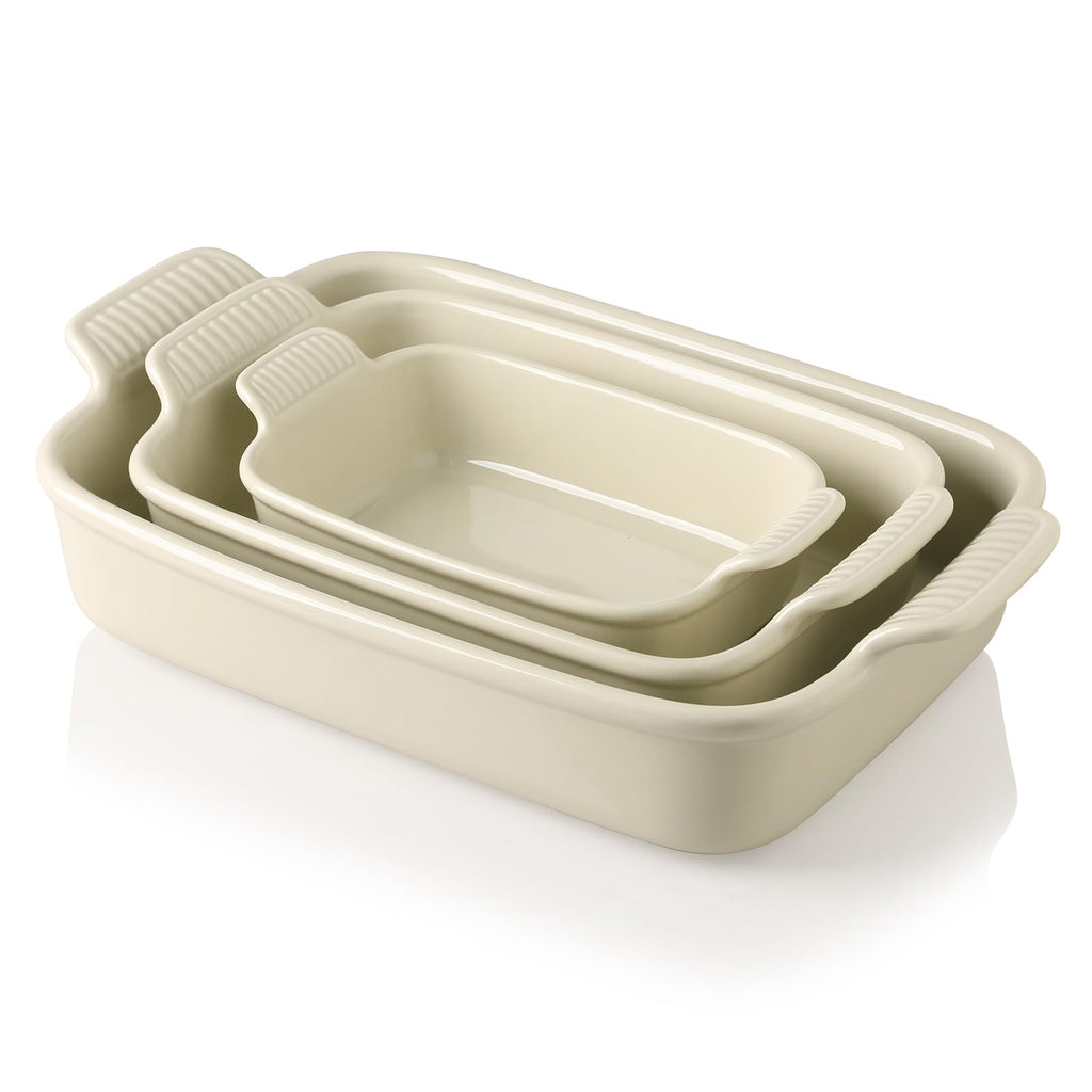 Sweejar Baking Pans Set, Ceramic 9x13 Baking Dish with Handle, Rectangular Casserole Dishes for Oven, Bakeware Sets of 3, Durable Lasagna Pan Deep for Kitchen, Banquet, Wedding Gift(Beige)