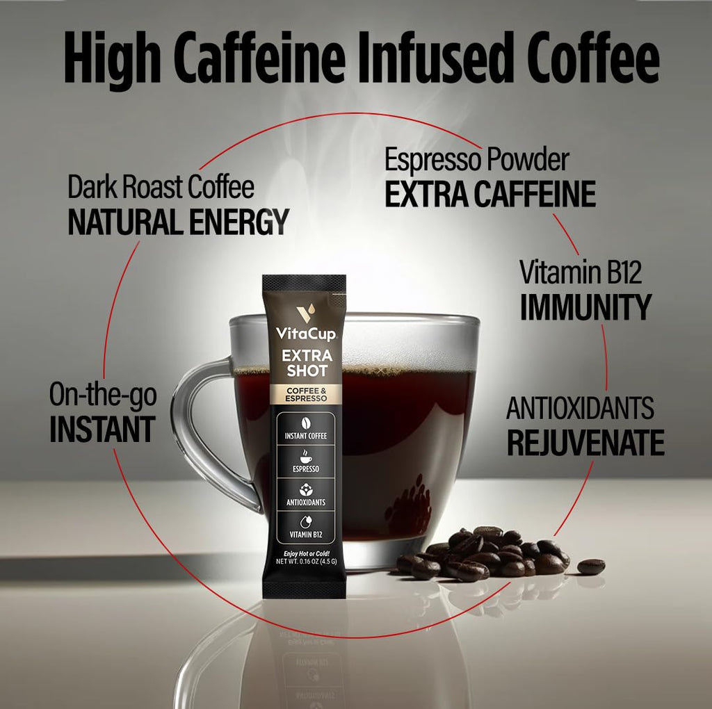 VitaCup Extra Shot High Caffeine, Dark Roast Instant Coffee Packets, 24ct