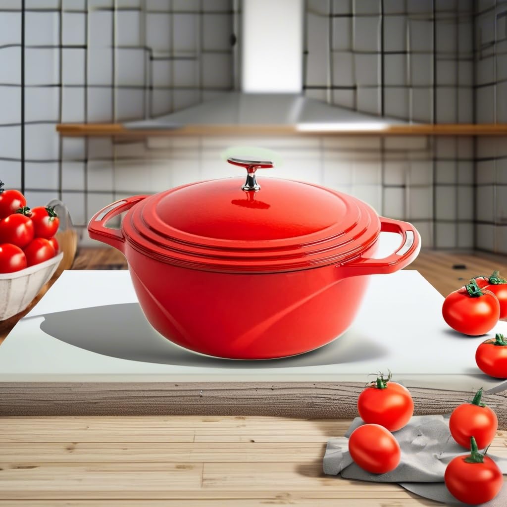 Lodge USA Enamel 4.5 Qt Enameled Cast Iron Dutch Oven - Cast Iron Cookware - Dutch Oven Pot with Lid - Cherry On Top Color - 4.5 Qt Capacity