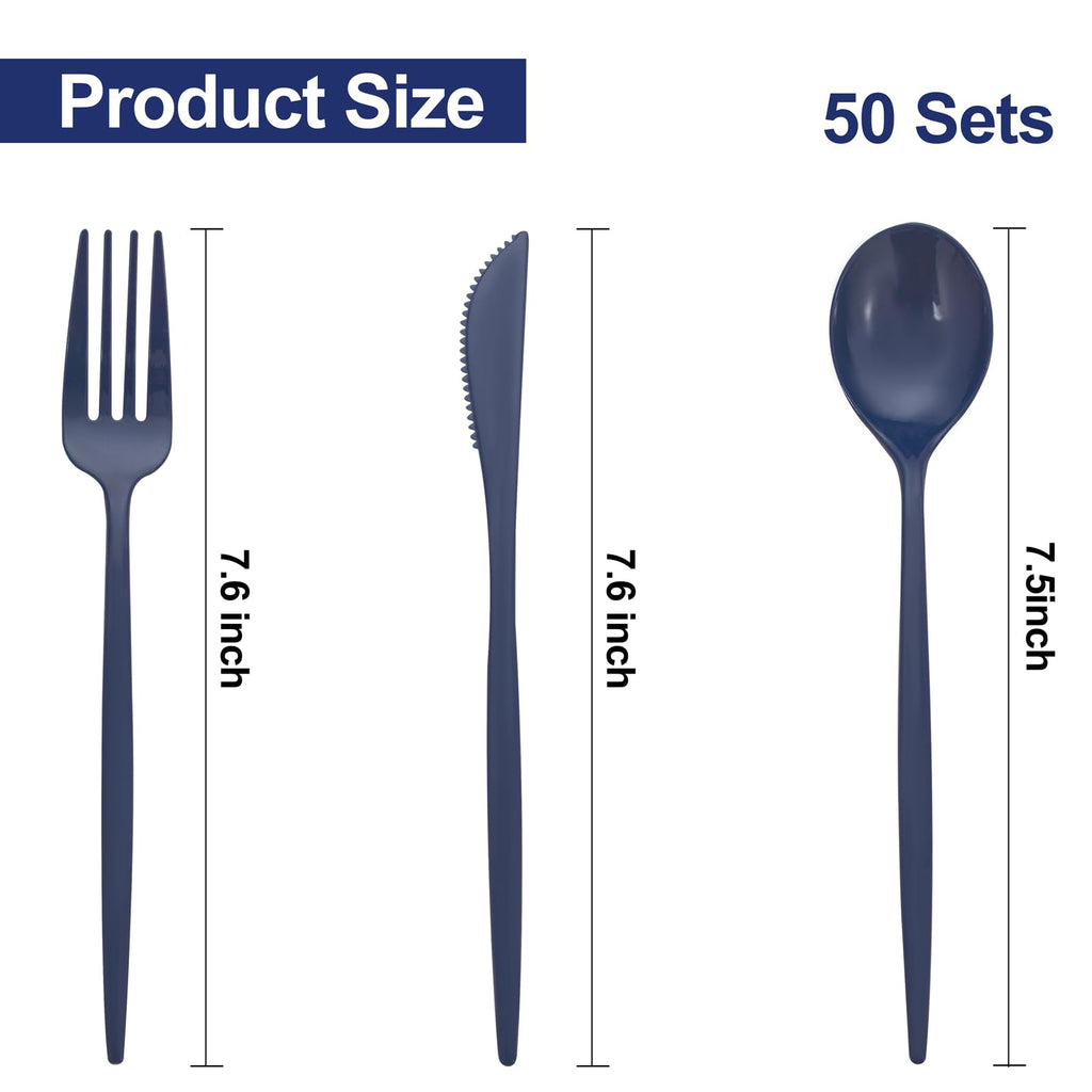 PULOTE 150PCS Blue Plastic Silverware Set - Plastic Cutlery Disposable - Heavy Duty Blue Plastic Utensils Include 50 Forks, 50 Knives,50 Spoons for Party&Graduation