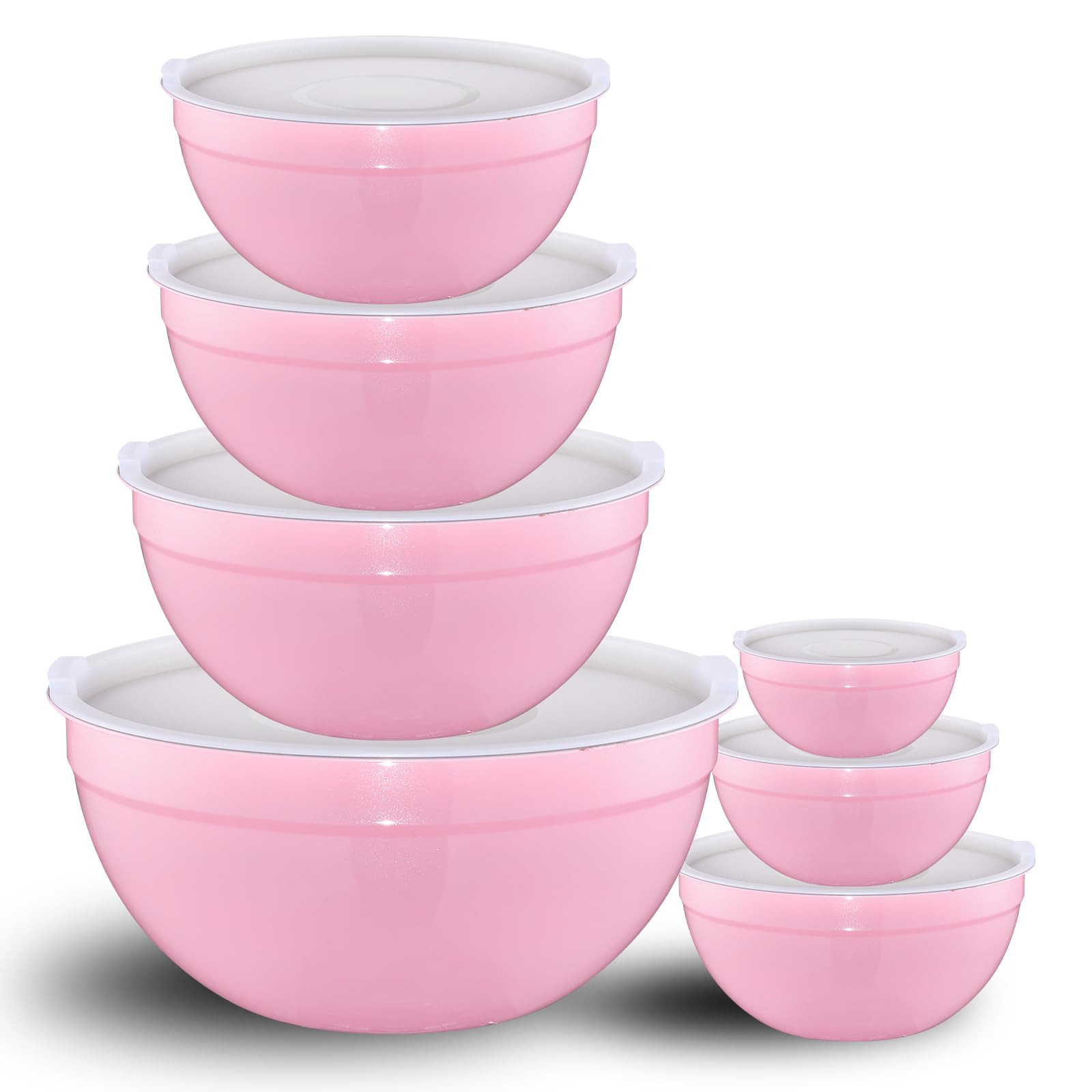 LKTDYMEG Pink Mixing Bowls with Lids Set of 7, Stainless Steel Nesting Bowl with Khaki Lid for Non-slip Mixing Prepping Storing Serving, 7 Sizes-7/3.6/2.7/2.1/1.5/1/0.8 QT