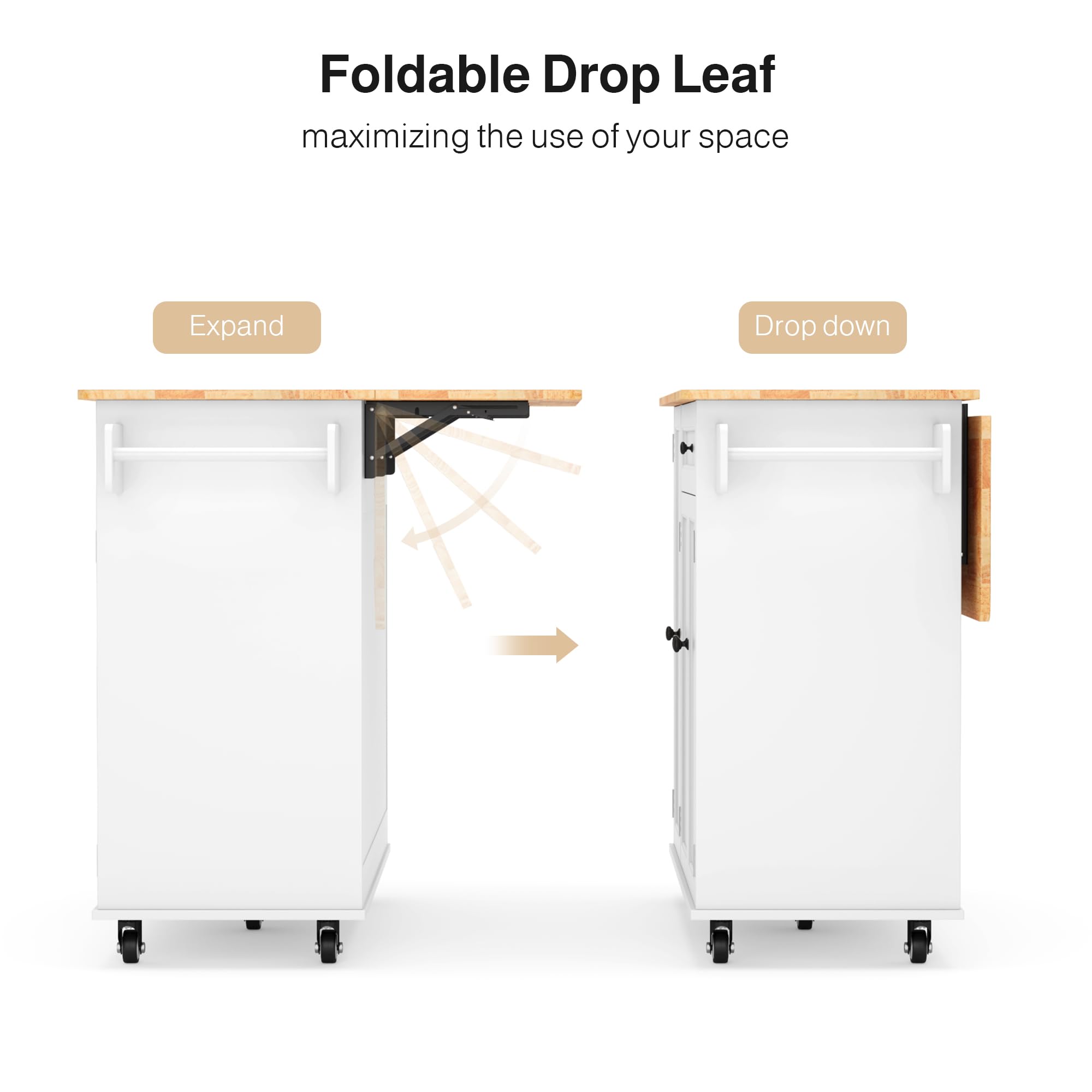 Ahomly 47.6" Kitchen Island with Storage, Drop Leaf, Knife Holder, White