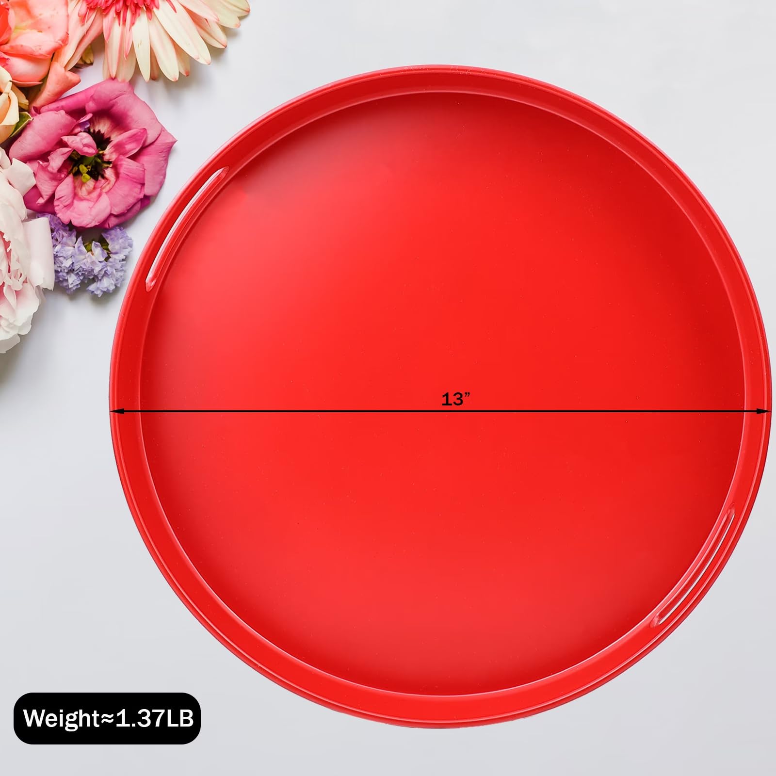SforGUVA Round Red Decorative Serving Tray with Handles, 13” Versatile Ottoman Tray for Coffee Table, Entertaining, Outdoor Patio, Living Room