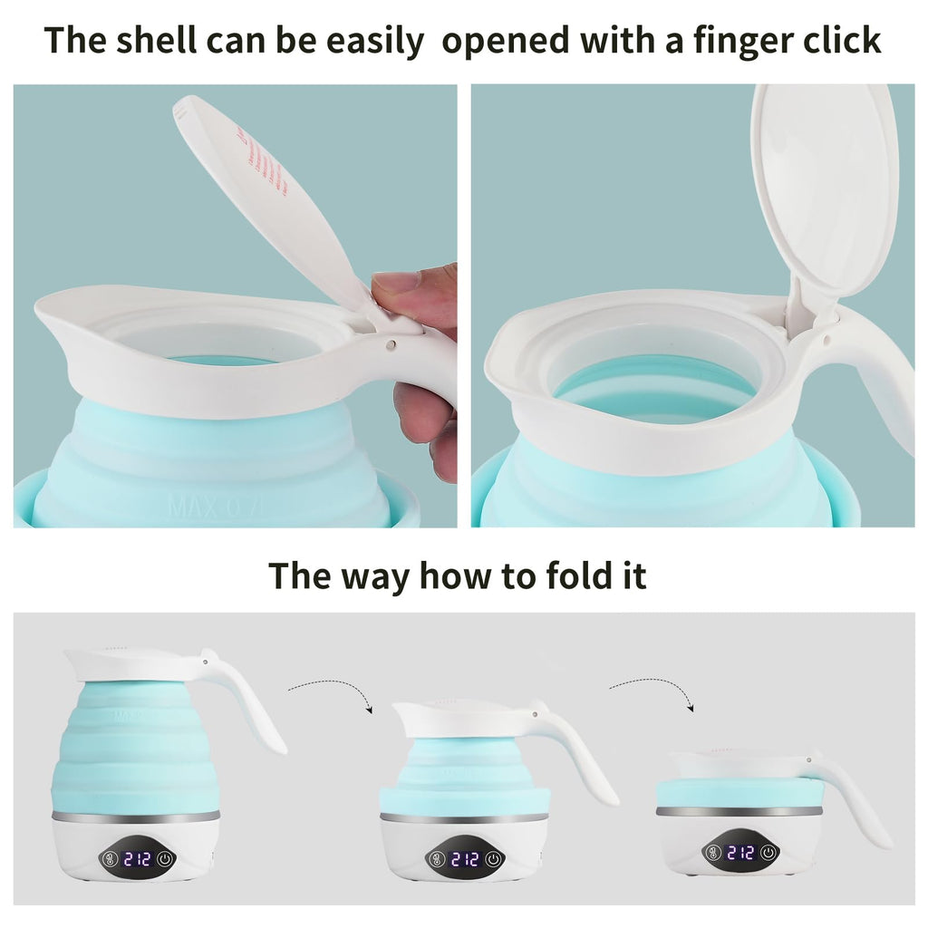 AUCOO Collapsible Travel Kettle, 700mL Small Electric Kettles for Boiling Water, 850W Portable Foldable Kettle with Digital Temperature, 110-220V Dual Voltage, BPA-Free Silicone for Tea & Coffee