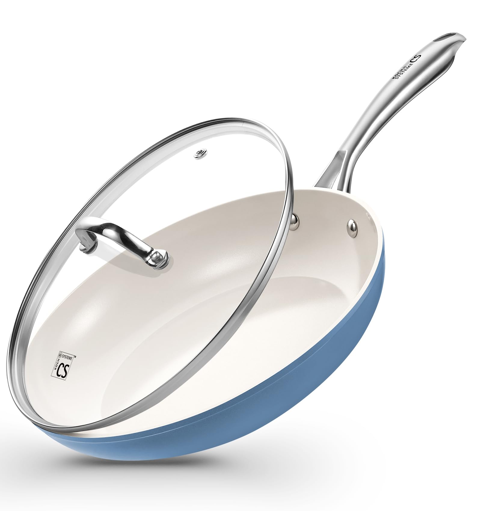 KOCH SYSTEME CS 10 Inch Frying Pan with Lid, Ceramic Nonstick Frying Pan with Stay-Cool Stainless Steel Handle, 10 Inch Skillet, Omelet Pan with Nonstick Ceramic Coating, PFOA Free, Oven Safe, Blue
