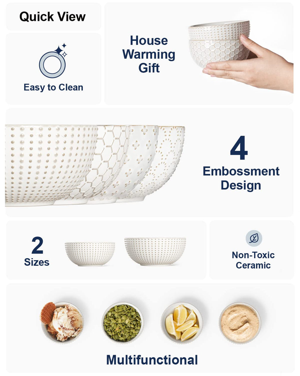 LE TAUCI Small Bowls 12 OZ, Ice Cream Bowl, Ceramic Embossment Stoneware Bowl, Bowls Set for Dessert, Fruits, Side Dishes, Suit For Housewarming - 4.5 Inch, Set of 4, Arctic white