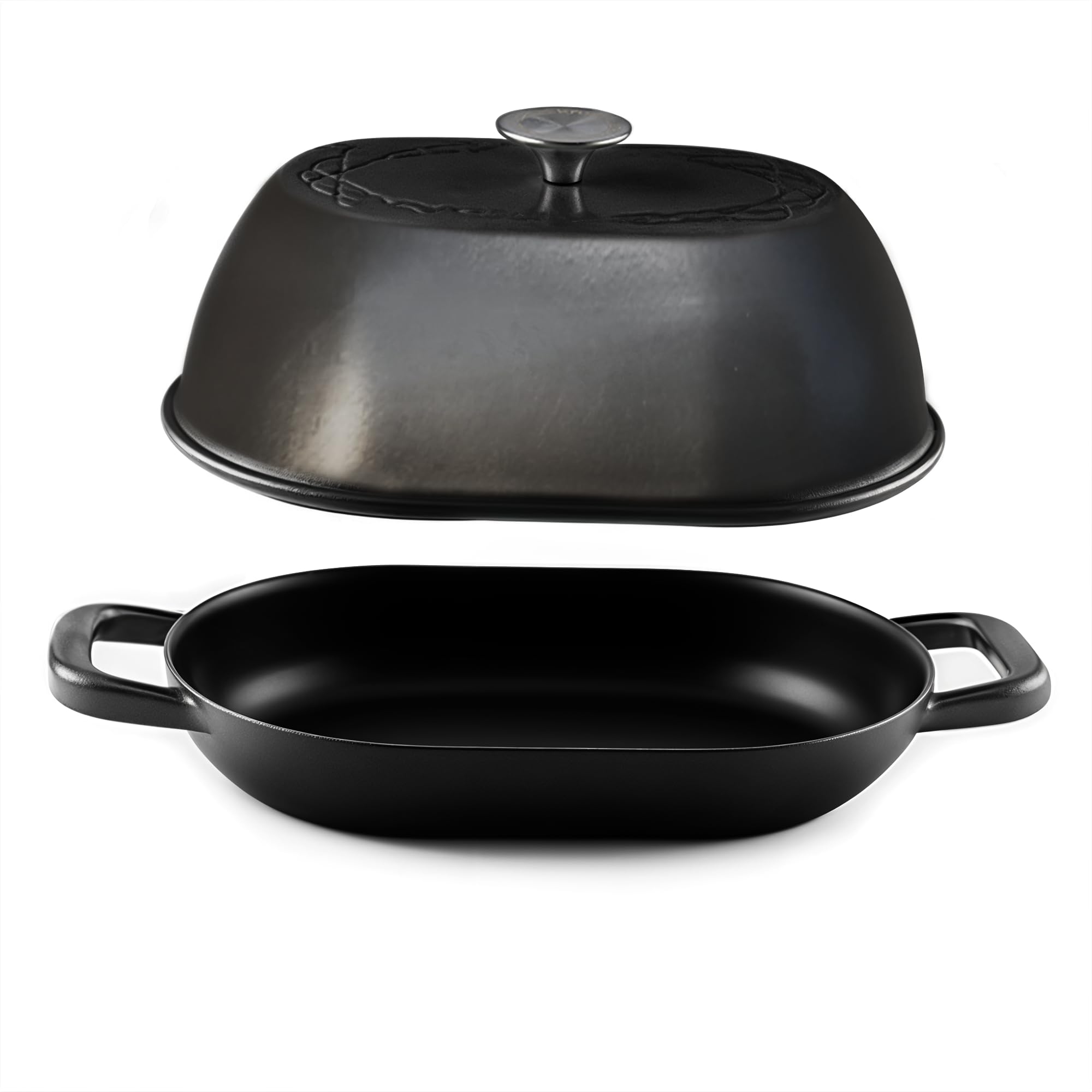 Krustic Enameled Cast Iron Dutch Oven for Professional Sourdough Bread Baking | 5.5 Quart Loaf Size Oval Cookware Pot with Lid | Triple-Layer Enamel Coating Pan with Non Stick Silicone Mat | Black