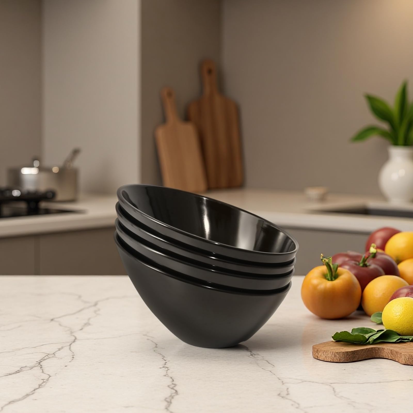 TP Salad Bowls Set of 4, 26 oz Melamine Serving Bowls for Pasta, Cereal, and Snacks, Lightweight and Durable, Dishwasher Safe, Black Bowls for Restaurant, Kitchen, Black