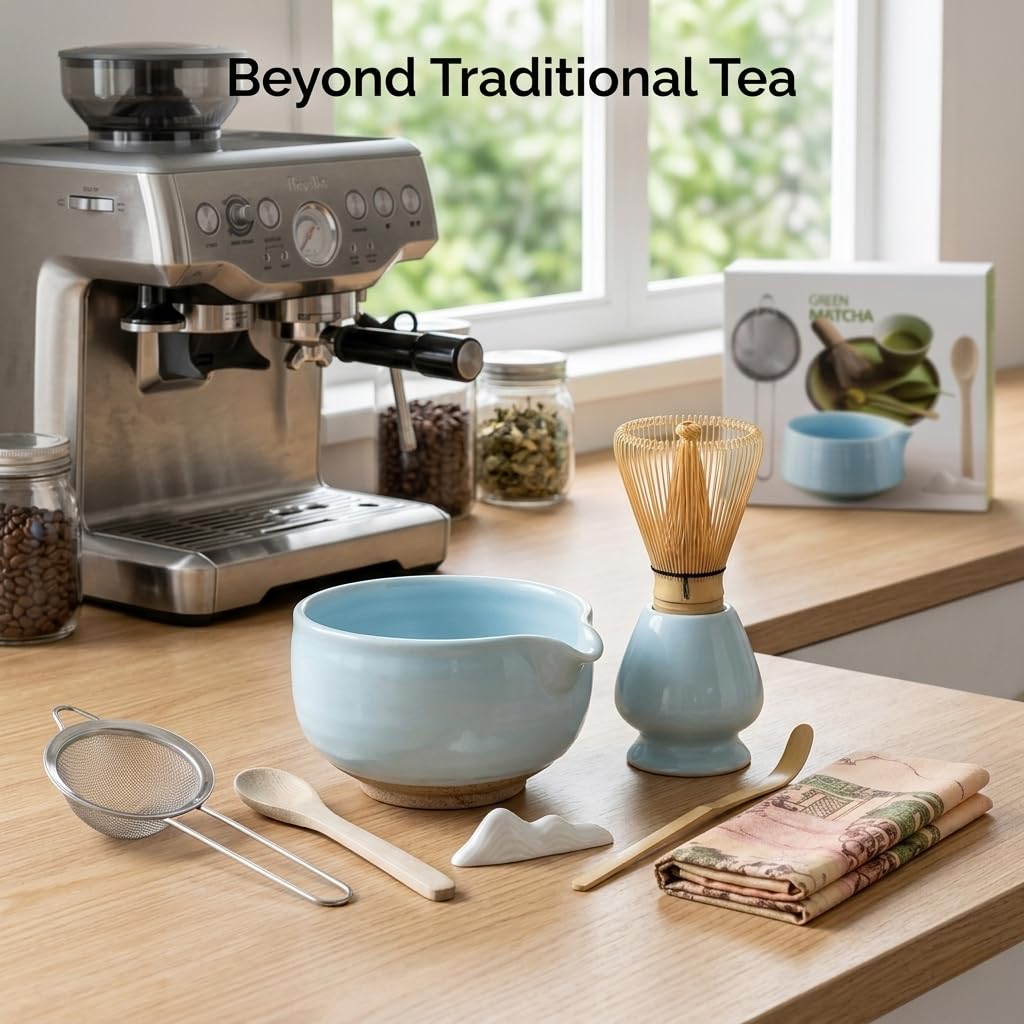 8-Piece Traditional Matcha Tea Set with Spouted Ceramic Bowl, Bamboo Whisk and Holder, Complete Japanese Matcha Kit for Home Latte Preparation, Includes Sifter and Scoop Rest, Premium Gift Box(Blue)