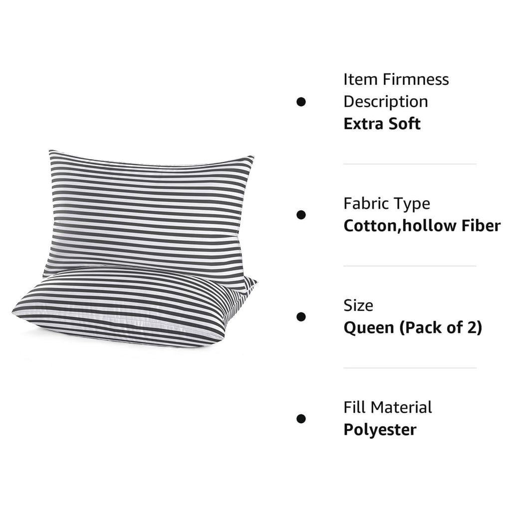 EIUE Bed Pillows for Sleeping 2 Pack Queen Size，Super Soft Down Alternative Microfiber Filled Pillows,Pillows for Side and Back Sleepers,20 x 30 Inches,Striped White Grey