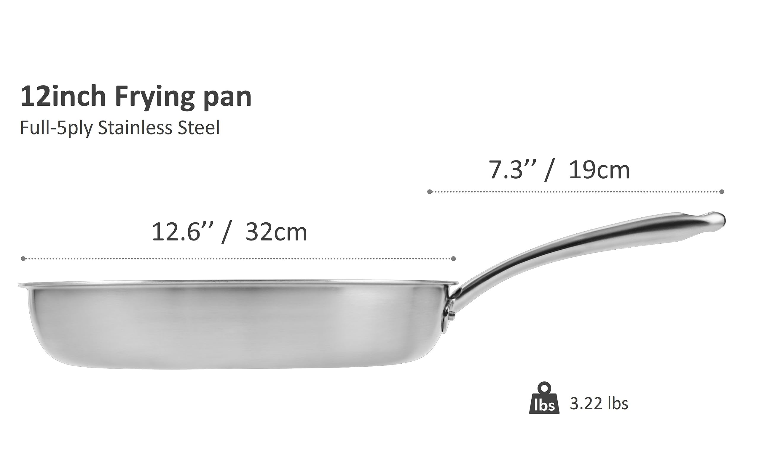 CHEF TOPF 5-Ply Stainless Steel Frying Pan, Full 5-Ply Clad, Brushed, Induction Cooking Pan, Oven Safe, Dishwasher Safe (12'' Stainless Steel Frying Pan)