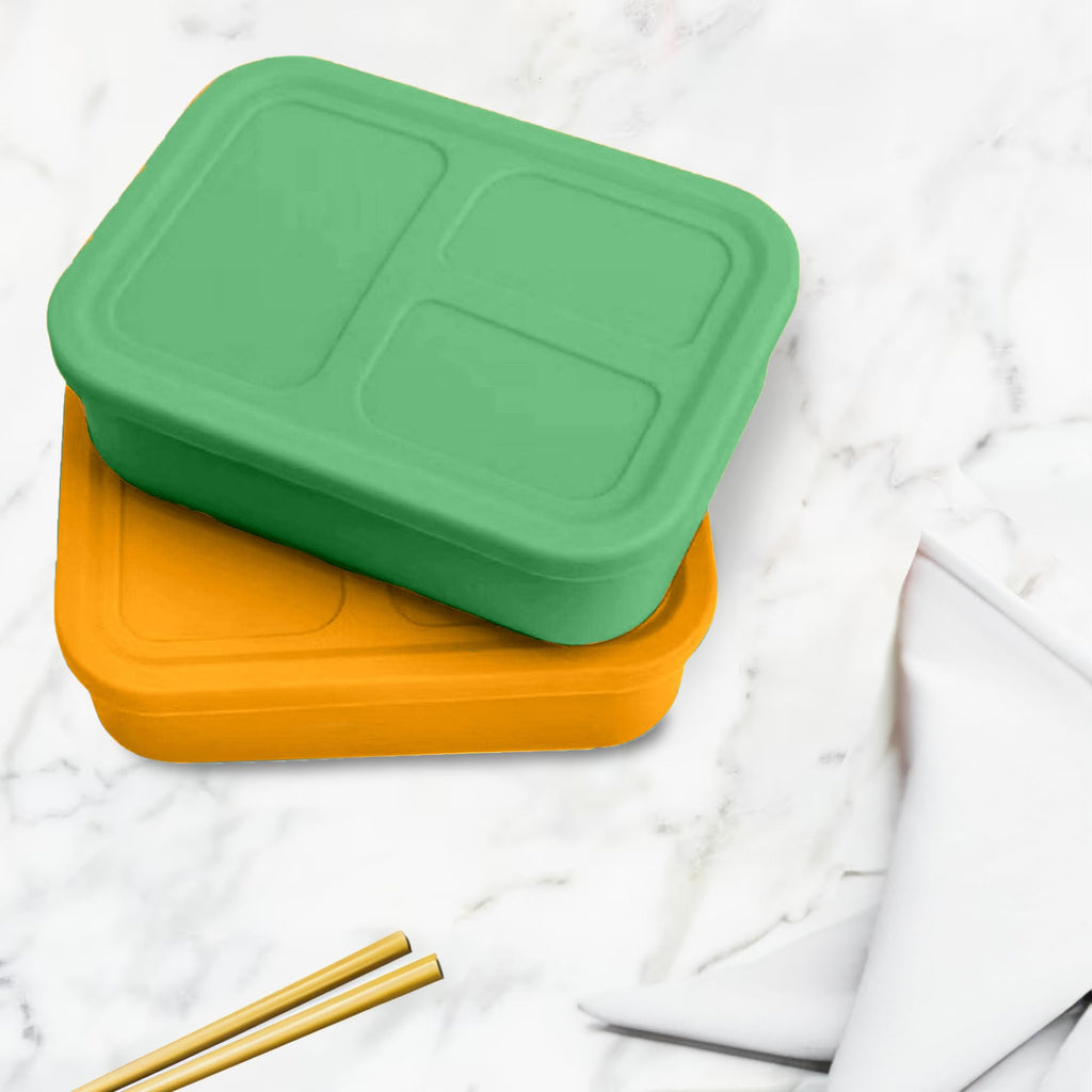 Versatyle Platinum Silicone Bento Lunch Box Set of 2 – 3 Compartments, Leakproof, Versatile, Durable, Microwave & Freezer Safe, Meal Prep, Food Storage for All Ages (Watermelon Green & Gold Honey)