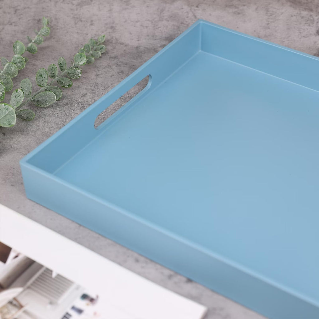SforGUVA Blue Serving Tray for Coffee Table, Rectangular Plastic Decorative Tray with Handles for Entertaining, Outdoor Patio, Living Room, Ottoman, Bathroom Counter, 11.8”*15.7”*1.6”