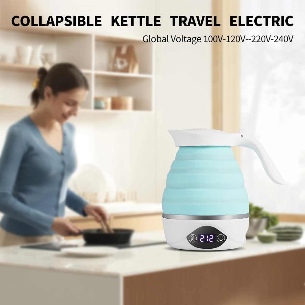 AUCOO Collapsible Travel Kettle, 700mL Small Electric Kettles for Boiling Water, 850W Portable Foldable Kettle with Digital Temperature, 110-220V Dual Voltage, BPA-Free Silicone for Tea & Coffee