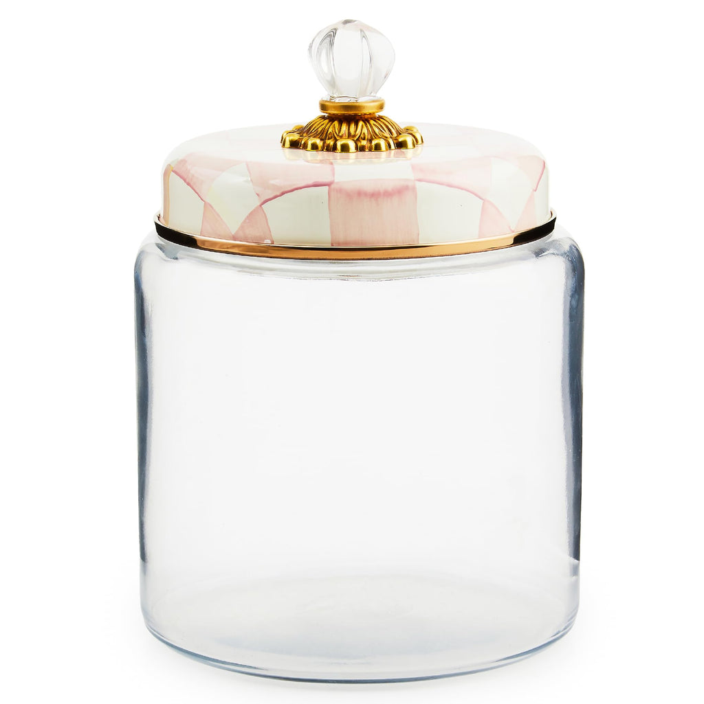 MACKENZIE-CHILDS Rosy Check Kitchen Canister, Decorative Pink-and-White Glass Storage Jar with Lid, Large