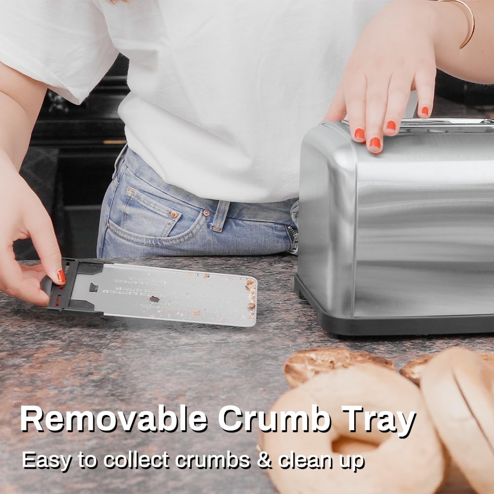 RAMJOY Toaster 2 Slice, Extra Wide Slot Toaster for Bagels, Bread, Waffles, 7 Shade Settings, 4 Main Functions, Removable Crumb Tray, 900 Watts Toasters, Brushed Stainless Steel