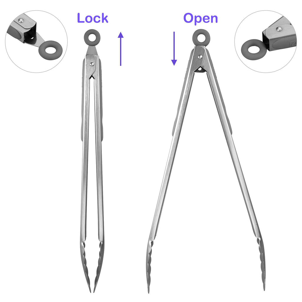 304 Stainless Steel Kitchen Cooking Tongs, 14 & 16 Inch, Set of 2, Grey
