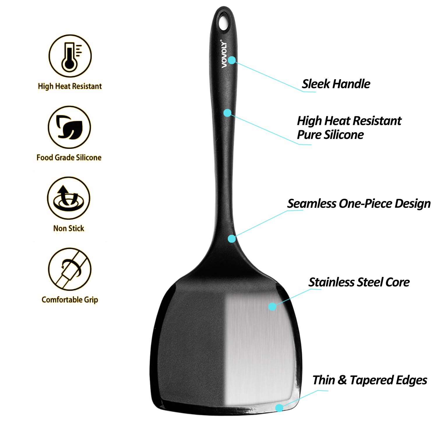 Silicone Pancake Spatula Turner with Lengthened Handle& Seamless Design, Heat Resistant Cooking Spatulas for Nonstick Cookware, Large Flexible Kitchen Utensils, Flipper for Egg, Pancake, Burger, Black