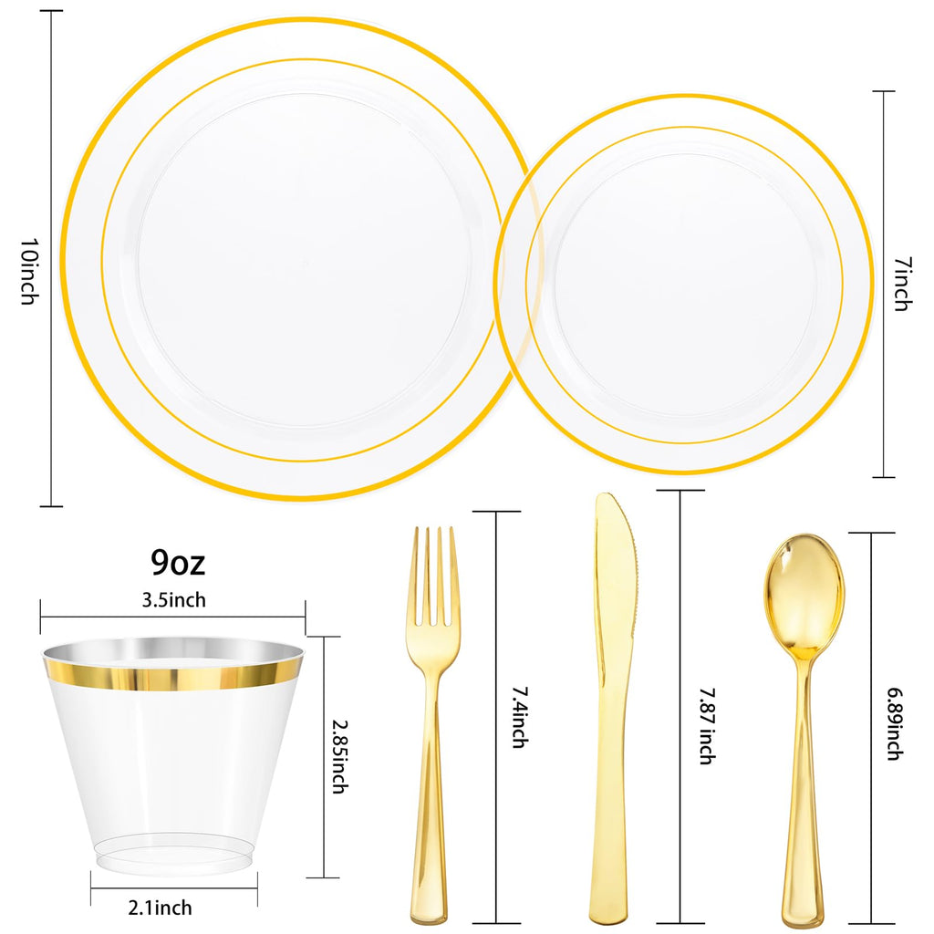bUCLA 150Pcs Clear Gold Plastic Dinnerware Set - Clear and Gold Disposable Plates Include 25 Dinner / 25 Dessert Plates,25 Knives,25 Forks,25 Spoons,25 Cups for Party