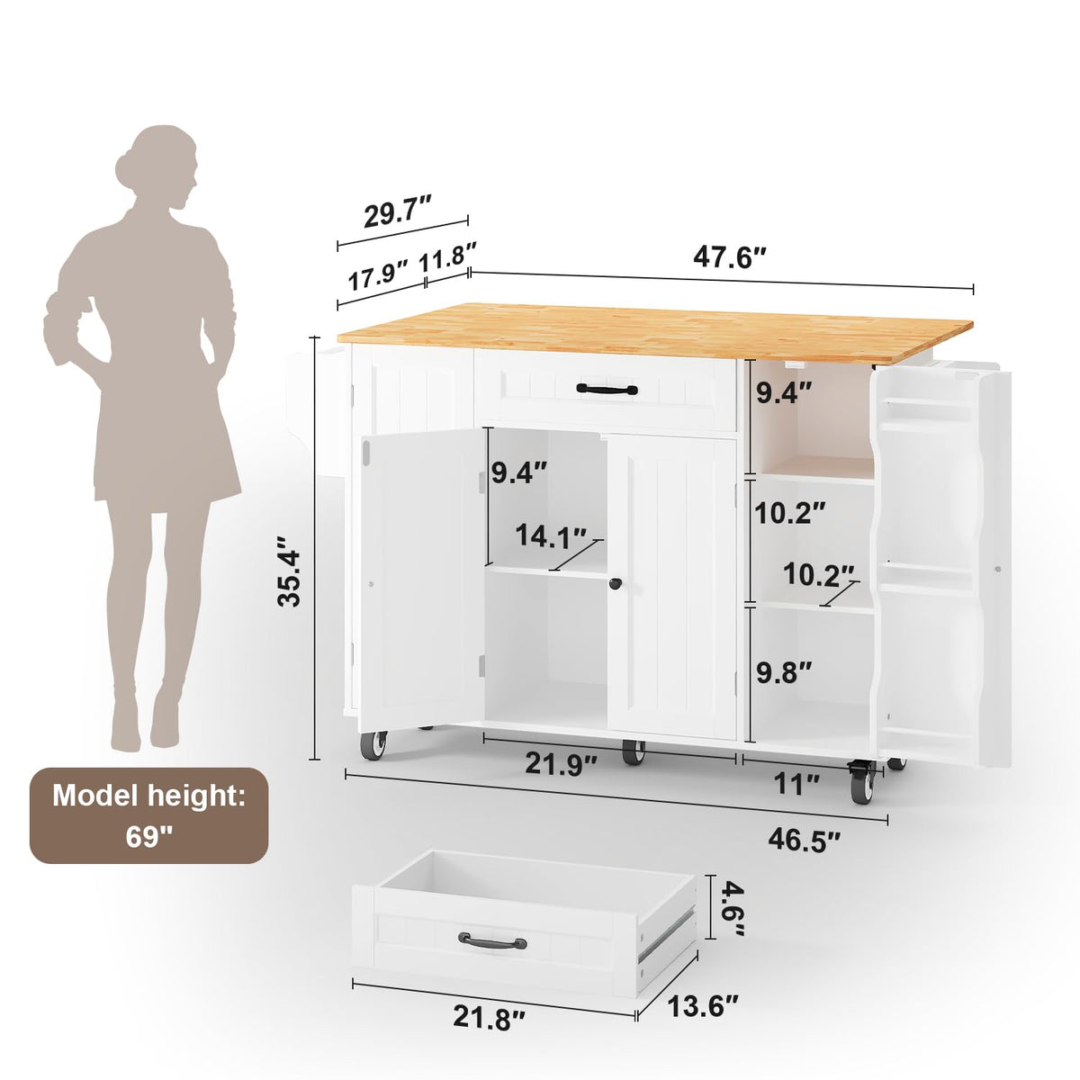 Ahomly 47.6" Kitchen Island with Storage, Drop Leaf, Knife Holder, White