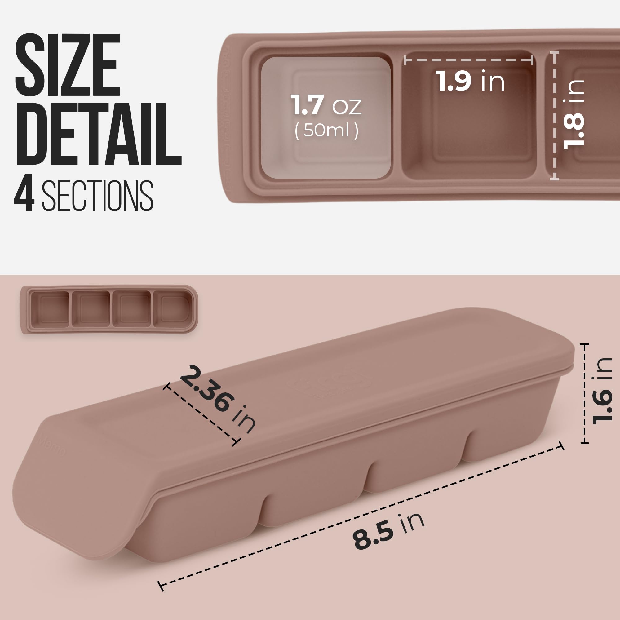 Firgi 1.7 oz/4 Sections Silicone Ice Cube Freezer Tray with Lid, 100% Food-Grade Platinum Silicone,Leak Resistance & Dishwasher Safe for Baby Food Prep,Breast Milk,Purees - Korean Made, Brown