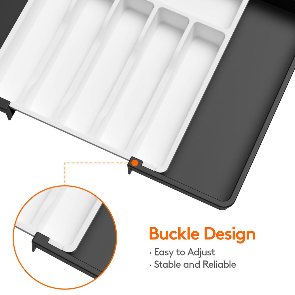 Lifewit Extra Large Silverware Drawer Organizer, Expandable Utensil Tray for Kitchen, BPA Free Flatware Cutlery Holder, Adjustable Plastic Storage for Spoons Forks Knives, 13-22 x 15, White&Black