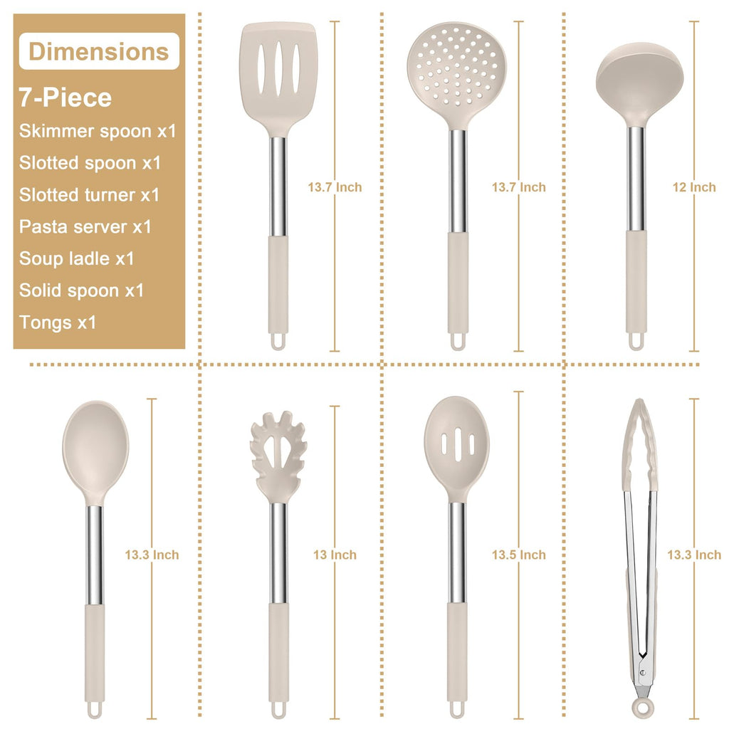 E-far Silicone Cooking Utensils Set, 7 Pcs Heat Resistant Kitchen Utensils with Stainless Steel Handle, Slotted Turner, Spoon, Soup Ladle, Pasta Server, Skimmer, Tongs for Nonstick Cookware, Khaki