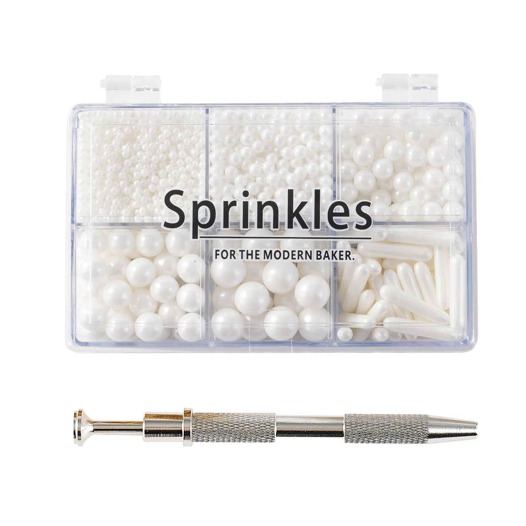 Kasvan White Mix Sugar Sprinkles - Edible Candy Pearls with 4-Claw Sprinkle Pen,118g/4.16 Oz, Gift Box Pack, Baking Cake Decorations, Ice Cream Toppings and Cookie Decorating, Wedding Party Chirstmas Supplies
