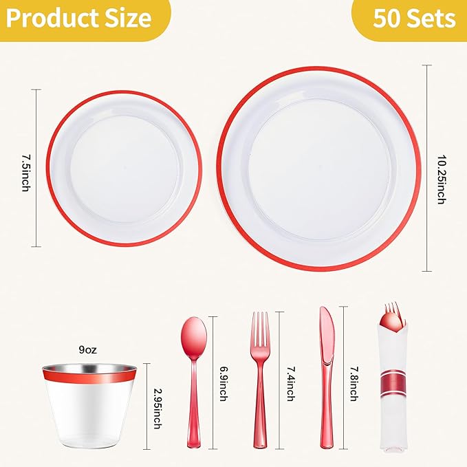 Goodluck 350 Piece Red Plastic Dinnerware Set for Party, Clear Disposable Plates for 50 Guests, Include: 50 Dinner Plastic Plates, 50 Dessert Plates, 50 Pre Rolled Napkins with Cutlery Set, 50 Cups